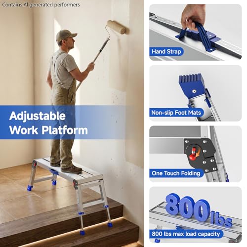 Loyoda Folding Work Platform for Adults, Portable Aluminum Step Stool 800lb | 14"-19.5" Adjustable Height, 12" x 31.5" Wide Platform for Garage, Painting, Reach High Shelves, Gardening, Car Wash - size: Large