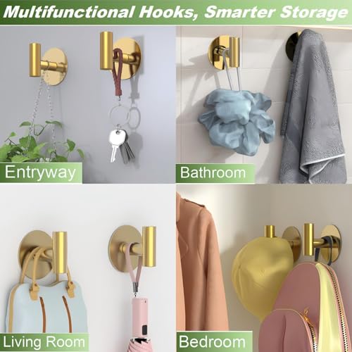 Gold Stainless Steel Wall Hooks, Heavy Duty Self-Adhesive Hooks for Coats, Towels, Robes, Hats, Aprons – No Drill Bathroom, Kitchen, Hotel (2 Pack) - color: Gold, size: Adhesive "T" Shape- 2 Pack