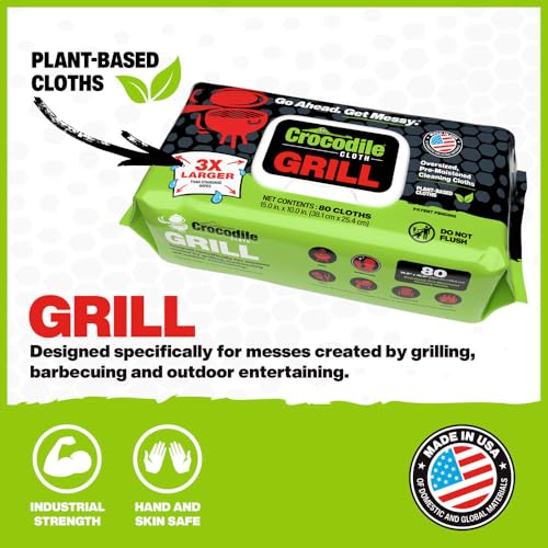 Crocodile Cloth Grill - 80 (15" x 10") Plant-based Cleaning Wipes. Safe on Skin & Multiple Surfaces. Infused with Aloe & Vitamin E. Large, Pre-Moistened & Absorbent. - size: 80 Count (Pack of 1)
