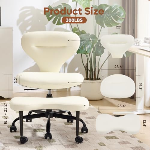 YFO Ergonomic Cross Legged Office Chair and ADHD Meditation Chair with Silent Wheels for Home Office Desk Chair and Yoga, Wider Backrest Support and Storage Pockets Design, PU Leather, Cream - color: Pu-cream
