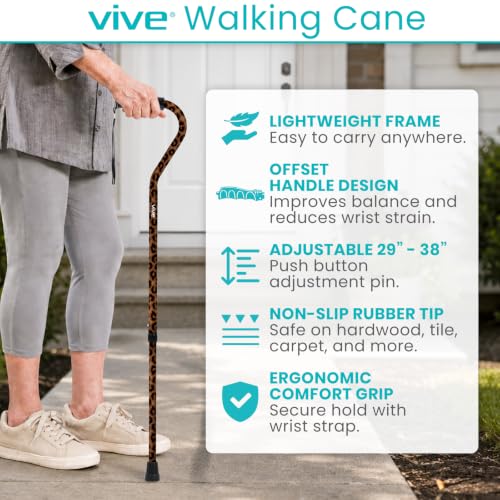 Vive Walking Cane for Women, Men, Elderly - Patented Offset Grip - Lightweight Adjustable Walking Aid with a Non-Slip Tip - Sturdy Balancing Mobility Aid for Seniors - color: Leopard