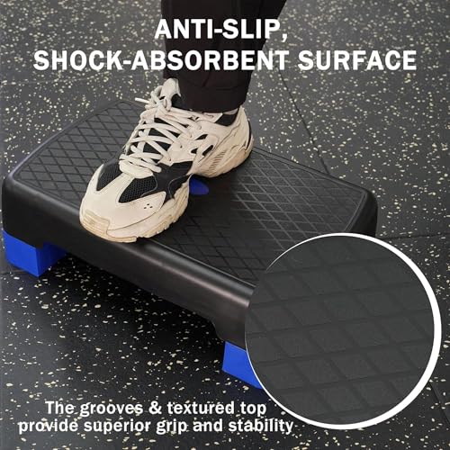 Fitvids Aerobic Step Platform Trainer with Adjustable 2-Level Risers, 400 Pound Weight Capacity – Non-Slip Exercise Stepper for Cardio, Strength, and Fitness Workouts, 18-Inch, Multiple Colors - color: Black and Blue