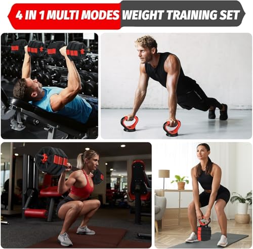Adjustable Dumbbell Set, 44/66/88Lbs 4-in-1 Free Weights for Home Gym, Converts to Kettlebell & Barbell with Connector, Non-Slip Grip, Ideal for Men & Women Strength Training - color: Black and Red
