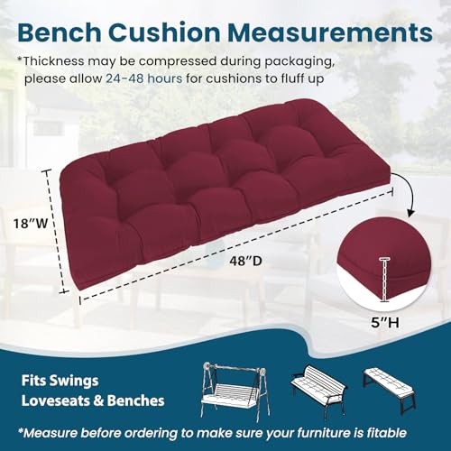 Tufted Bench Cushions for Outdoor Furniture, 48" x 18" Porch Swing Cushions Filled with Foam, Overstuffed Patio Cushions for Bench Loveseat with 2-3 Seats,Thick and Water Resistant, Burgundy - color: Burgundy, size: 48" x 18" x 5"