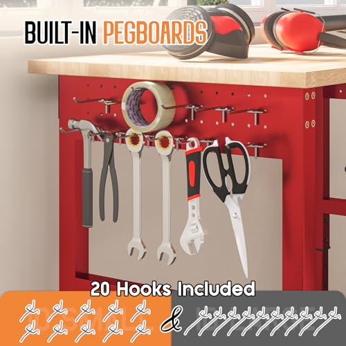 SPECRAFT 96" Red Adjustable Heavy Duty Workbench with 4 AC Outlet and 2 USB Ports Power Outlets, 6000 Lbs Capacity, Rubber Wood Top for Garage, Workshop, Office - color: Red, size: Standard/96"x24"