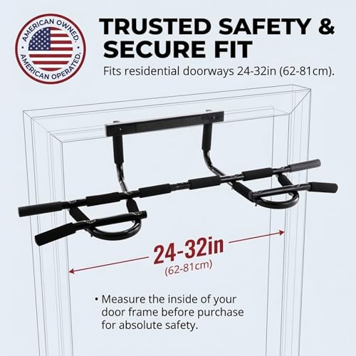 Iron Chin Up Bar Gen. 2 - Door Home Gym - Professional Quality Upper Body Workout Bar - Adjustable for Doors 24” to 32” - Quick, Easy Assembly No Tools - Built to Last - High Density Foam Grips