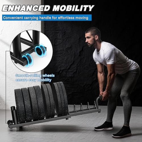 BEKING Horizontal Weight Plates Rack, Weight Rack for Weight Plates & Olympic Bars,Barbell Bumper Plate Holder with Handle and Rolling Wheels,Portable Gym Organizer with Fractional Weight Section for 1-Inch&2-Inch Plates