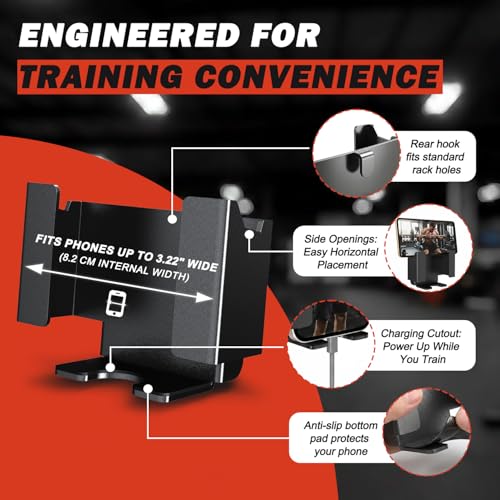 Power Rack Phone Mount, Hook-On Smartphone Holder for 2”×2”/3”×3” Squat Rack Upright, Tool-Free Installation, Vertical & Horizontal Viewing, Fits Phones up to 3.22” Wide - color: fit 3x3"power racks