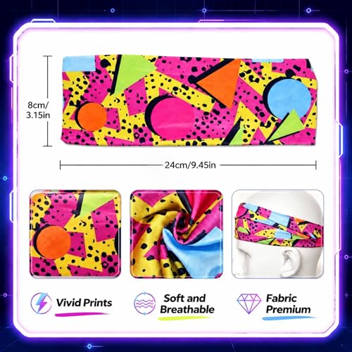 4Pcs 80s 90s Retro Headbands Neon Geometric Soft Sweatbands | Print Hair Head Bands, Wicking, for Women Men Athletic, for Fitness Running Cycling Hip Hop Party Style Hiking