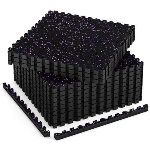 AIRHOP 1'' Ultra-Thick 48 Sq Ft Rubber Top Gym Flooring for Home Gym | 12 Tiles, High Density EVA Foam, Waterproof & Non-Slip Rubber, Interlocking Puzzle Mats, Heavy Duty Floor Protection, 24"x24" - color: Black/Purple, size: 48 Sq Ft (12 Tiles)