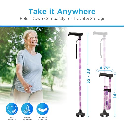 NOVA Foldable Quad Cane for Seniors, Self Standing Adjustable Walking Cane with Pivoting Quad Tip, Lightweight Collapsible Mobility Aid, Bonus Carry Pouch & Replacement Tips, Purple Floral - color: Purple Floral