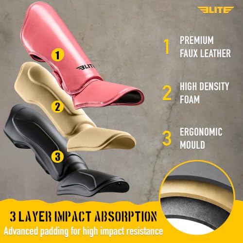 Elite Sports Muay Thai MMA Kickboxing Boys and Girls Shin Guards for Age 4 to 14 Years, Instep Guard Sparring Protective Leg Shin Kick Pads for Kids - color: Pink, size: Medium
