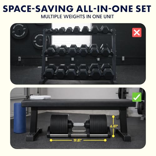 SQUATZ Adjustable Dumbbells with Quick Weight Change, Space-Saving Dumbbell Set with Anti‑Slip Handle, Secure Locking System, Heavy‑Duty Plates & Base for Home Workout and Strength Training - size: 70 LB - Single