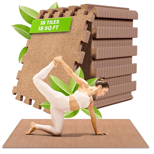 bemaxx Gym Mats Set - 18 pcs EVA Interlocking Foam Floor Tiles (12.6"x12.6"x0.4") 18sqft Protective Gym Flooring Sports Home Workout Exercise Mats Puzzle Garage Fitness Play-Room Pool Treadmill Bike - color: Cork, size: 18 Tiles | 18 sq ft