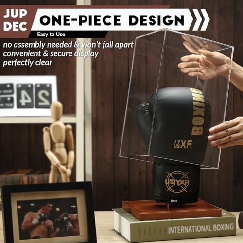 JupDec Boxing Glove Display Case, Clear Acrylic Showcase with Wood Base & Plank for Single Glove, Full Size UV Protection Souvenirs and Collectibles Box, Ideal Gift for Boxing Fans - size: 1 Pack