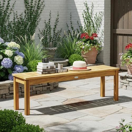 Tangkula 52 Inches Acacia Wood Outdoor Bench, Wood Bench for Dining Room Entryway Poolside Garden, Patio Backless Dining Bench with Slatted Seat, Ideal for Outdoors & Indoors - size: 52"