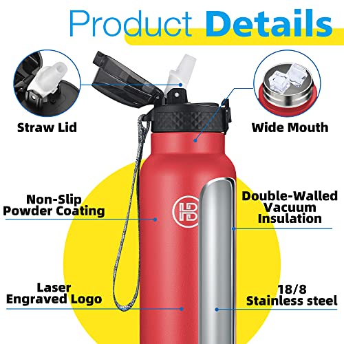 Han's Bottle Sports Water Bottle - 32 Oz, Straw Lid, Leak Proof, Vacuum Insulated Stainless Steel, Double Walled, Thermo Mug,Red - color: Red, size: 32 Ounces