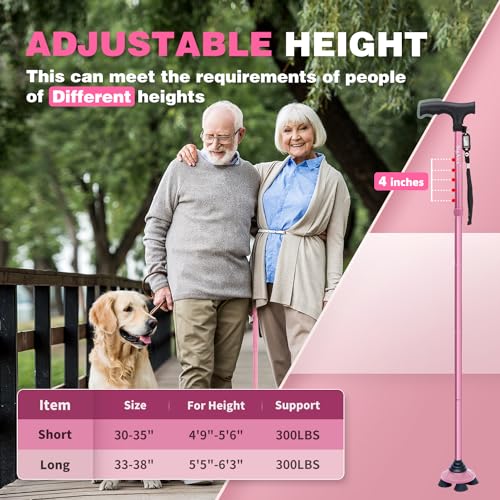 BigAlex Folding Walking Cane for Elderly Adjustable & Portable Walking Stick for Seniors,Pivoting Quad Base,Lightweight,Collapsible with Carrying Bag for Men/Woman - color: Pink(4'9"-5'6")