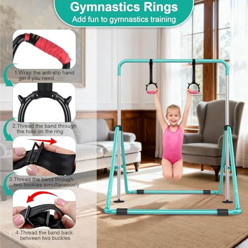 SHIWEI Gymnastics Bar for Kids, Gymnastic Kip Bar 5-Height Adjustable Home | Foldable, Indoor Outdoor Use, 140lb Capacity, for Ages 3-8, with Gymnastics Rings, Anti-Slip & Space-Saving Design - color: Green with mat