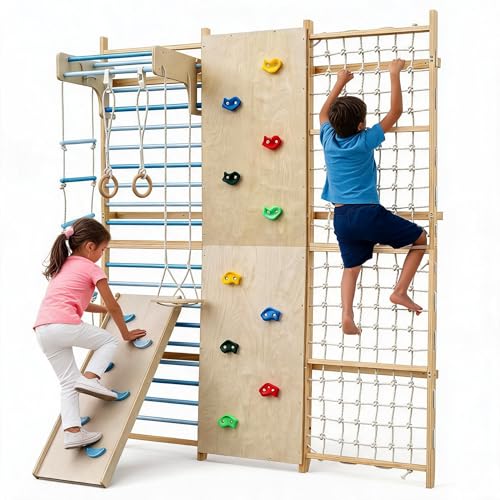 94.5 H 10-in-1 Swedish Ladder, Rock Climbing Wall for Kids and Adults with Slide, Swing, Gymnastic Rings, Rope Ladder, and Monkey Bar, Indoor Jungle Gym