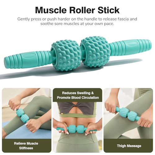 5 in 1 Foam Roller Set - Back Roller Foam, Massage Roller Stick, Massage Ball, Resistance Band for Physical Therapy & Deep Tissue Muscle Massage (Green) - color: Green
