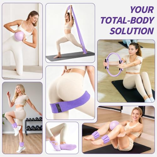 NANATI Pilates Kit, Home Pilates Workout Kit for Women, Pilates Equipment with 14.5" Pilates Ring and Ball, Resistance Bands, Ankle Weights, Sliders & Grip Socks for Home Workouts - color: Purple