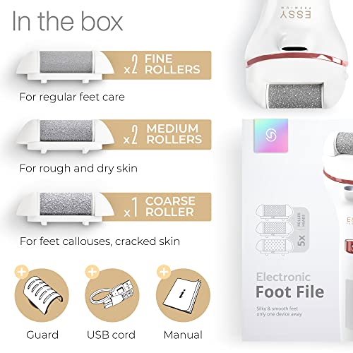 Essy Electric Foot File Rechargeable with 5 Replacement Rollers (White) | For Women's, Men's Smooth Feet, Waterproof, USB Charging, Pressure-Lock Safety - color: White