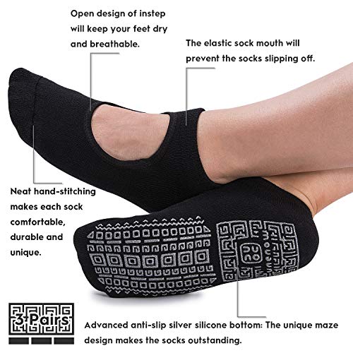 unenow Non Slip Grip Yoga Socks for Women with Cushion for Pilates, Barre, Home - color: 3 Pairs-3 Black
