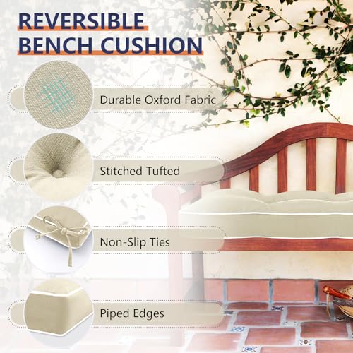 Favoyard Indoor/Outdoor Waterproof Bench Cushion, Beige 48 x 16 inch | 3-Year Fade-Resistant Tufted Pad for Patio Garden Porch Swing Window Kitchen, Non-Slip Ties, High-Density Support, Piped Edge - color: Beige, size: 48 x 16 In
