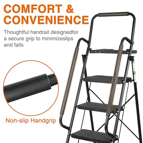 Arbusb Step Ladder, Folding Step Stool with Wide Anti-Slip Pedals, Sturdy Steel Ladder with Handrail, Space-Saving, Portable for Home & Adults, 5 Step Ladder - size: 5-step
