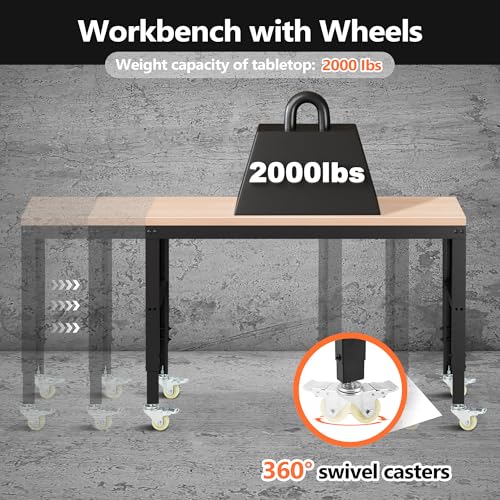 Antifir 60” Adjustable Workbench，Heavy Duty Wood Work Bench 2000 Lbs Load Capacity,Work Table with Power Outlet and Wheels for Garage, Workshop, Office, Home - size: 60x24" With Wheel