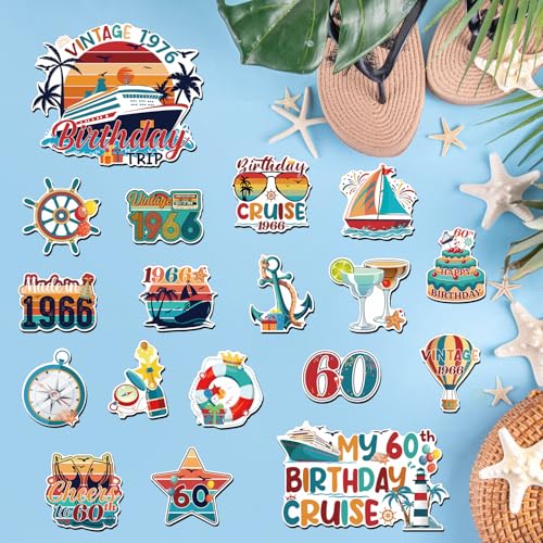 Wxiben 18 Pcs 60th Birthday Cruise Door Magnets Ship Decorations Magnetic | Vintage 1966 Birthday Magnet Stickers, Strong Magnet Grip, Firm Sticking, for Carnival, Party, Fridge, Stateroom Cabin Door - style: 60th Birthday