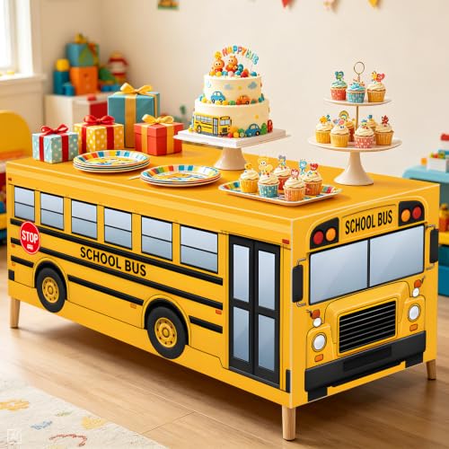 6FT Rectangle School Bus Tablecloth, Yellow Bus Print Washable Fabric Table Cover for Kids Classroom, Driver Appreciation, Teacher Appreciation Week, Field Trip, Back to School Birthday Decorations - color: School Bus