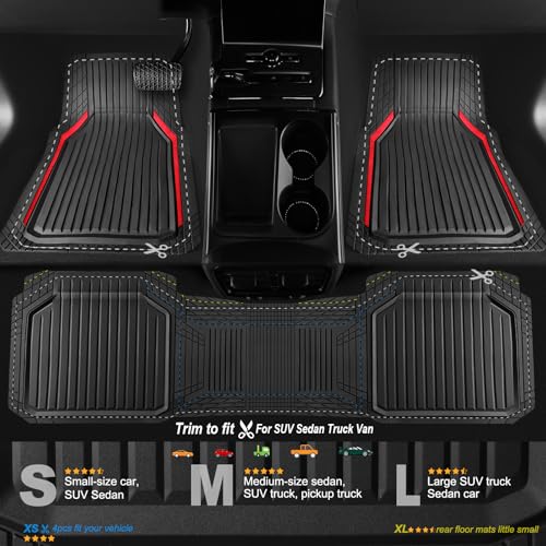 CAR PASS Heavy Duty Rubber Floor Mats for Car, Waterproof Liner Deep Dish Car Mats Full Sets, Universal Trim to Fit for SUV Truck Sedans Vans, All Weather Automotive Floor Mats 3pcs, Black Red - color: Black Red
