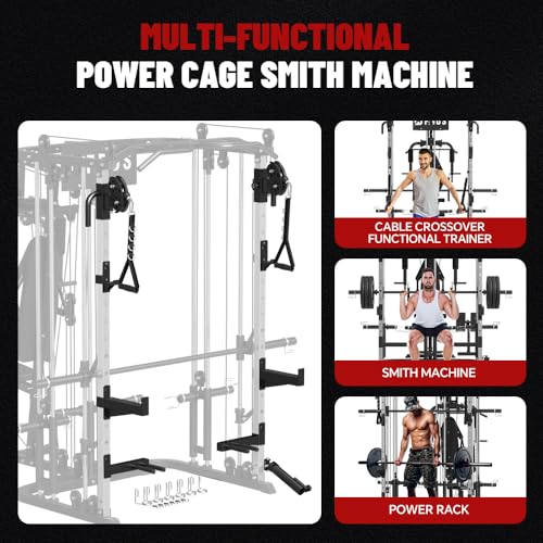 All in One Home Gym System Workout Station, Multi-Function Smithe Machine Power Cage with Cable Crossover System, Tripe-Sided Independent Load Posts, Functional Trainer for Full Body Training - color: Black, style: Home Gym Station with Weight Bench (9001