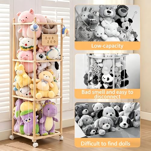 Stuffed Animal Storage & Organizer with Wheels, Wooden Stuffed Animal Zoo Storage with Elastic Band & Net, Space Save Toy Organizers, Plush Toy Holder for Kids Bedroom, Playroom and Nursery (Natural)