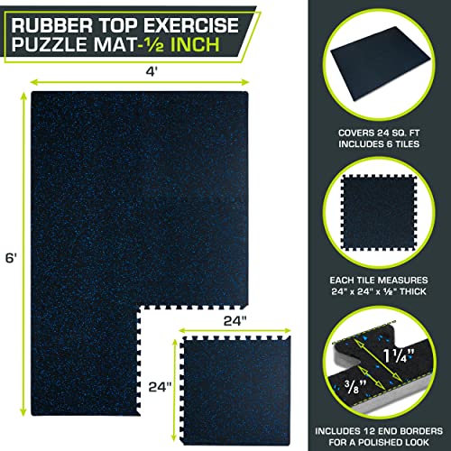 ProsourceFit Rubber Top Exercise Puzzle Mat ½-inch, EVA Foam, Protective Interlocking Tiles for Home Gym Equipment and Workouts; Blue, 24 SQ FT, 6 Tiles - color: Blue, size: 6 Pack (24 SQ FT)