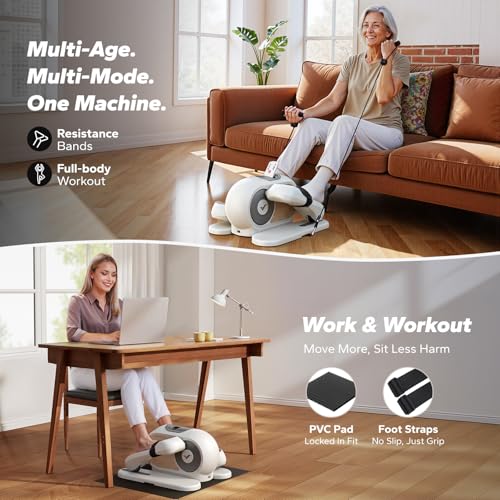 Sitting Under Desk Elliptical Machine, Leg Exerciser While Sitting for Seniors, Seated Pedal Exerciser, Quiet & Portable Pedal Exerciser with 8 Resistance Levels, Work from Home Fitness - style: White
