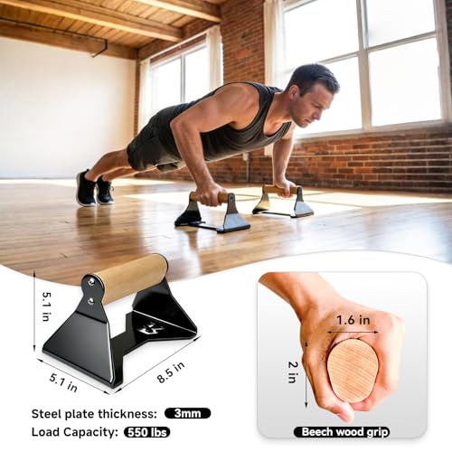Rocalt Push Up Bars with Wooden Handles, Home Gym Calisthenics Parallettes | Ergonomics beech wood grips, alloy steel frame, 550 lb support, anti-slip feet, no assembly, for dips and deep push-ups
