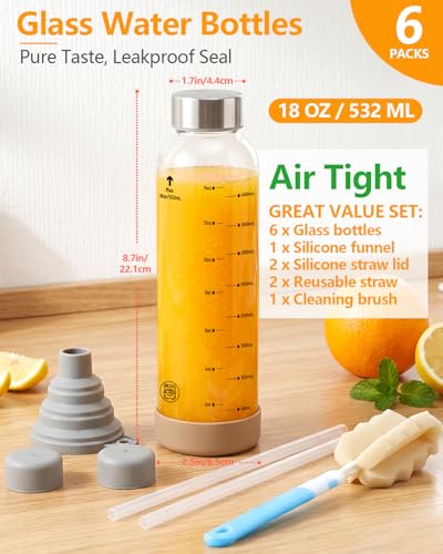 Zukro Glass Juice Bottles with Stainless Steel Lids 18 oz, Airtight & Leak Proof, Non-Slip Bottom, Measured Markings, 6-Pack Reusable Clear Jars for Water, Juicing, Smoothie, Protein Shakes, BPA Free - size: 6 pack