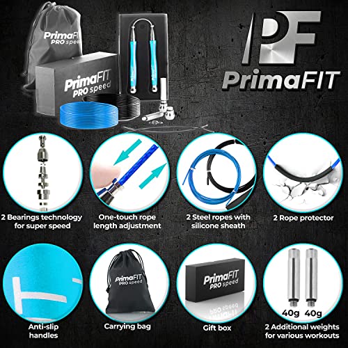 PrimaFIT Pro Speed Jump Rope for Adults, Weighted Skipping Rope for Boxing | Adjustable Jumping Rope for Fitness Workout & CrossFit Exercise, Double Unders, Handle Weights, 3m Cables 2 Protectors, Bag - color: Light Blue
