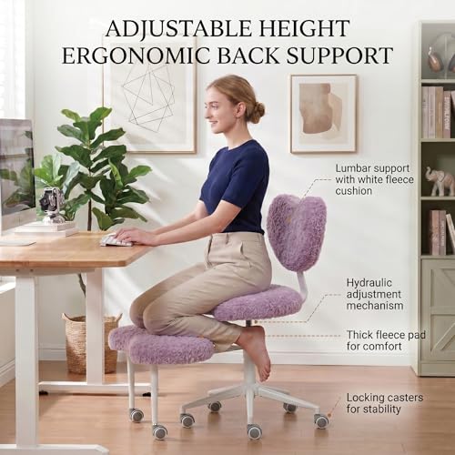 Cross Legged Office Chair with Wheels, 360 Swivel Height-Adjustable Meditation Chair with Lumbar Support, Artificial Rabbit Hair Fabric, Violet - color: Violet, size: Heart Back