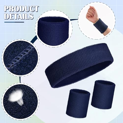 Bememo 6 Pcs Neon Sports Sweatbands Set Sports Competitions Sweatbands 2 Headband 4 Wristbands Breathable Terry Cloth Athletic Bands for Team Soccer Spirit 80s Costumes Cosplay - color: Navy Blue