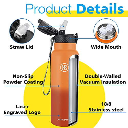 Han's Bottle Sports Water Bottle - 24 Oz, Straw Lid, Leak Proof, Vacuum Insulated Stainless Steel, Double Walled, Thermo Mug,Fire - color: Fire, size: 24 Ounces