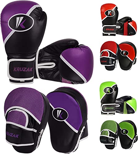 Kruzak Premium Boxing Gloves and Focus Mitts Set for Kickboxing and Muay Thai MMA Training| Focus Pads and Training Gloves | Fitness Kit for Martial Arts & Karate | 08, 10, 12, 14, 16 oz Gloves - color: Black and Purple, size: 12 oz