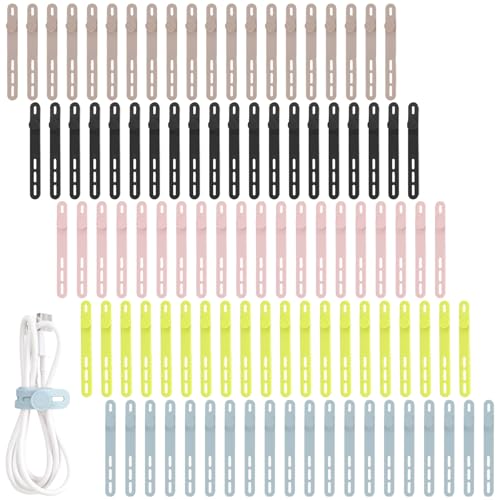Oligei 100 Pcs Silicone Cable Ties, Cable Ties Reusable, High Elasticity Cord Wraps for Electrical Cords, Cord Organizer for Earphone, Phone Charger(Colorful) - color: 100p∣colorful