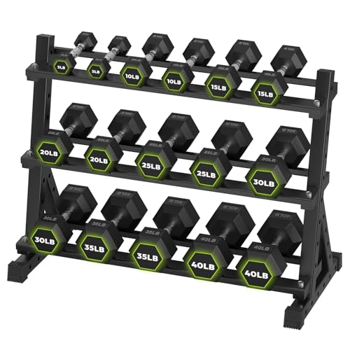 HANDBODE Rubber Coated Hex Dumbbell Set with Rack, 300-840 lb | Fixed Weights Sets with Heavy Duty Storage Stand, Multiple Weight Options Home Gym Equipment for Strength Training - style: 360 lb Set (5-40 lb) with Rack