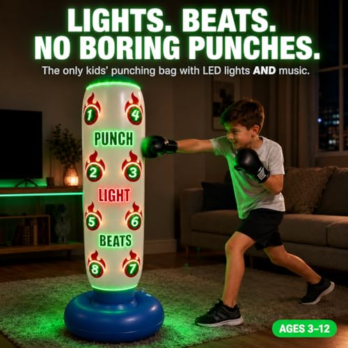 Punching Bag for Kids with Color-Changing LED Lights, Built-in Music & 8 Targets, Inflatable Boxing Set Ages 3-12 with Boxing Gloves & Pump (Batteries Not Included), Sand/Water Fill Base Birthday Gift