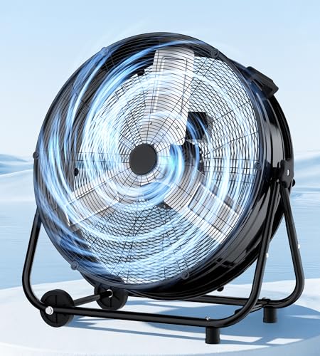 Landeagle 24 Inch High Velocity Industrial Floor Fan with Metal Construction, 8800CFM Heavy Duty Drum Fan for Garage Shop Warehouse, Large Commercial Barrel with 3-Speed, 360°Tilt Castors, Black