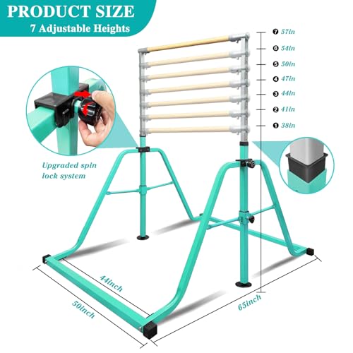 Foldable & Moveable Gymnastics Horizontal Bar with Rings,3’to 5’Adjustable Height Expandable Junior Kip Bar for Home,Indoor Gym Equipment for Kids - style: Foldable Teal with Rings